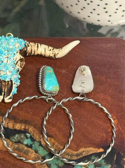 Navajo Handmade Kingman Turquoise Hoops