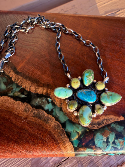 Navajo Handmade Sonoran Turquoise Cluster Pendant Necklace