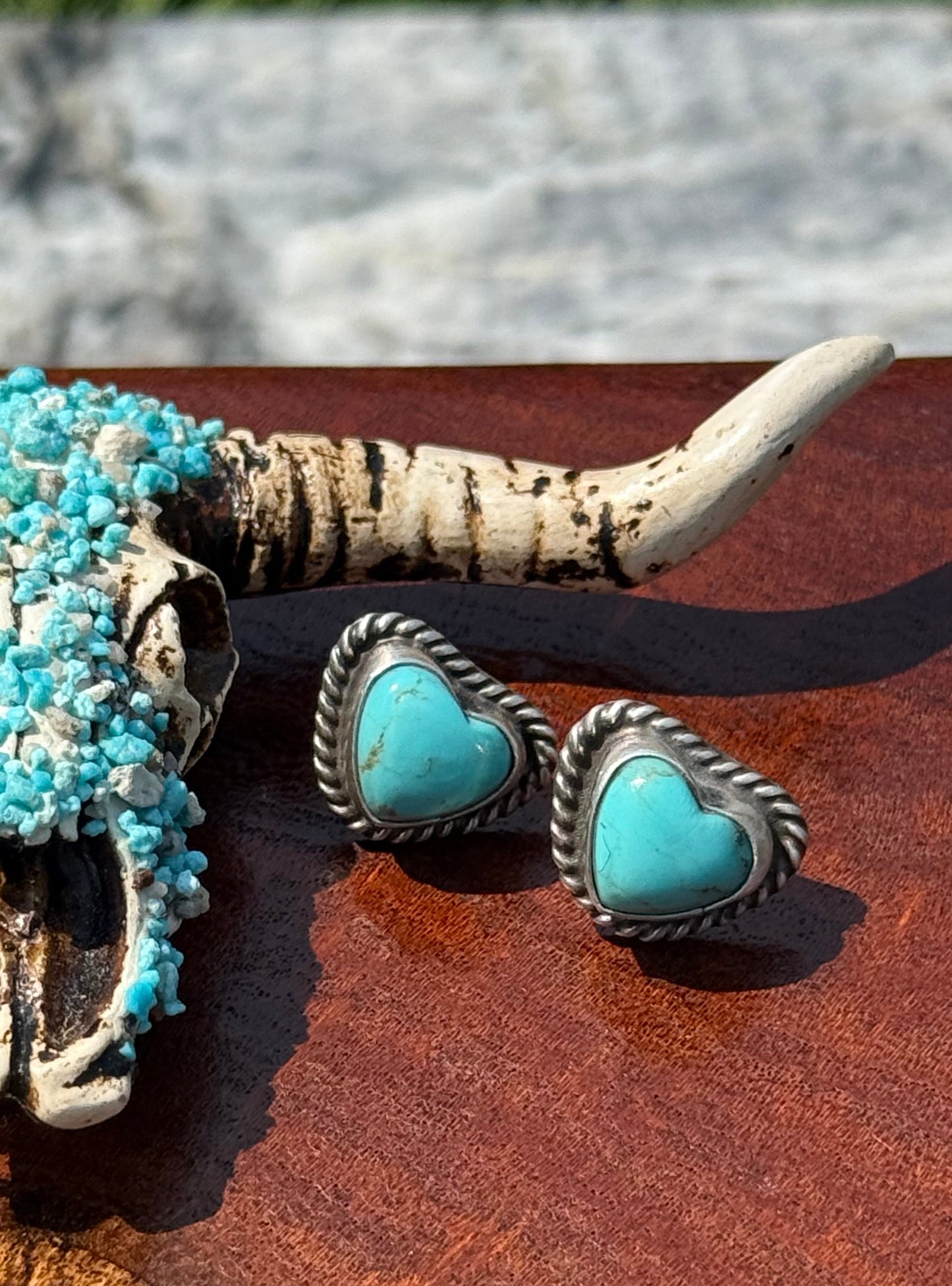 Navajo Handmade Kingman Turquoise Heart Stud Earrings