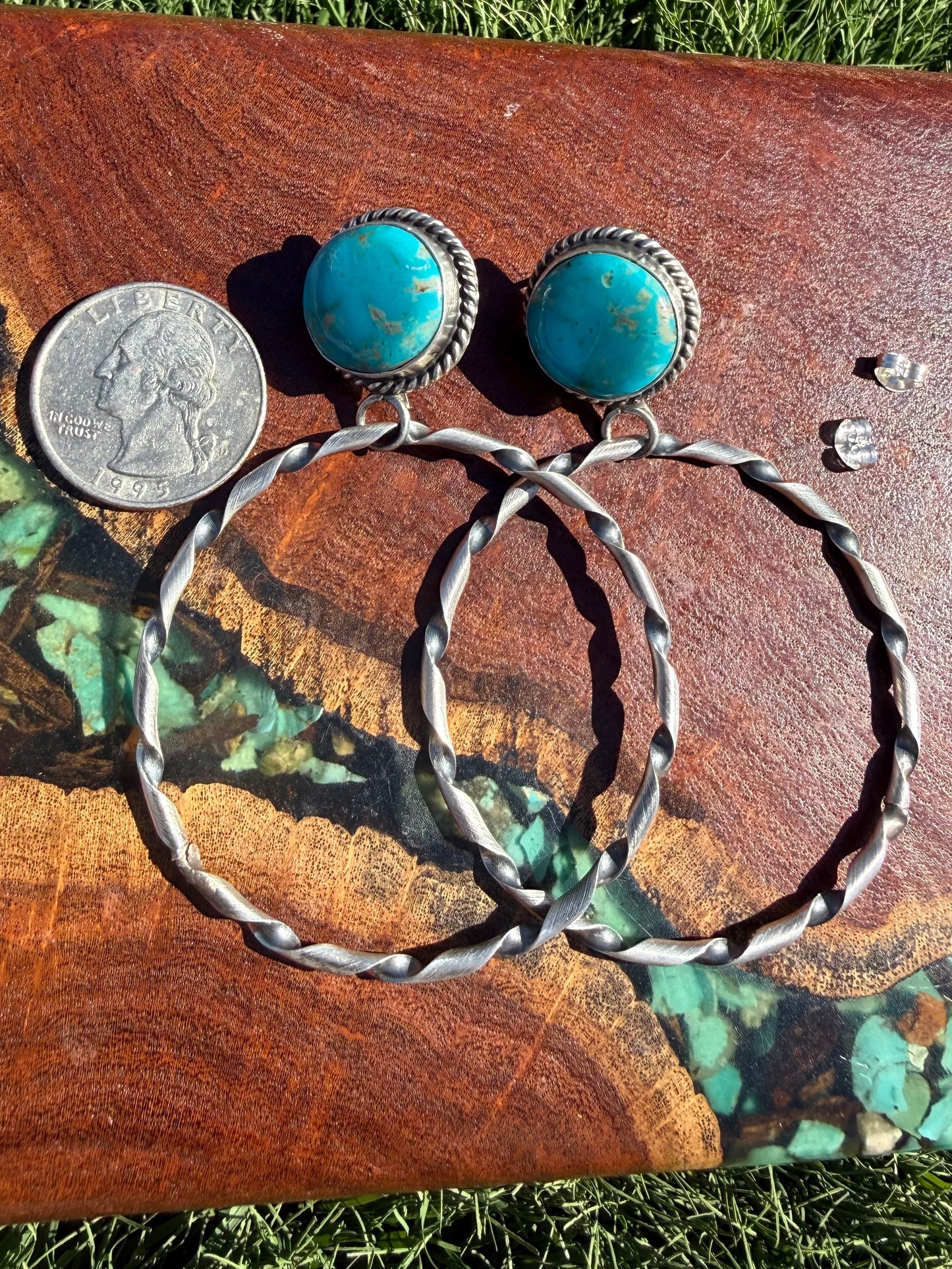 Navajo Handmade Kingman Turquoise Stud Hoops