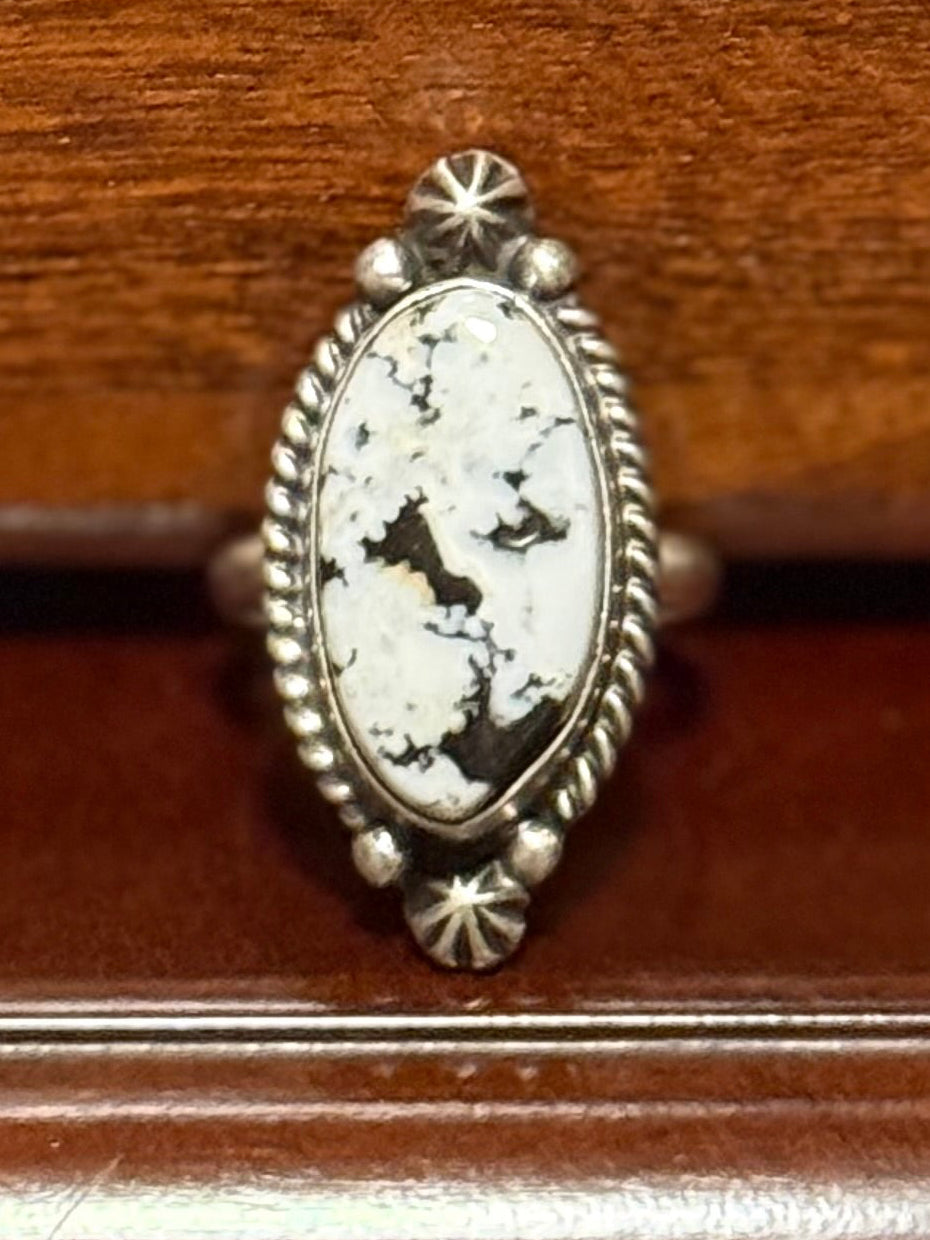 Navajo Handmade White Buffalo Adjustable Ring Set In Sterling Silver