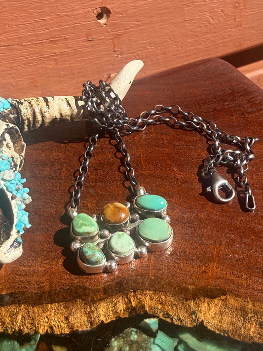 Navajo Handmade Kingman Turquoise 6 stone  Bar Necklace