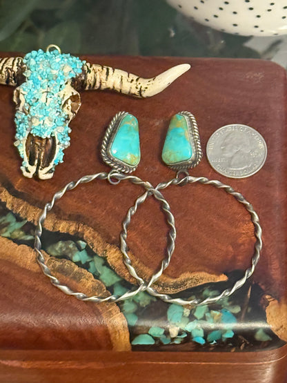 Navajo Handmade Kingman Turquoise Hoops
