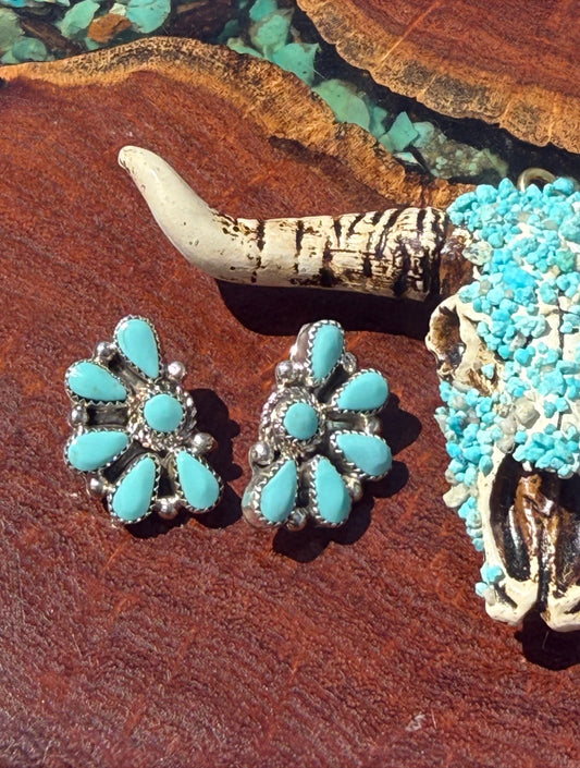 Navajo Handmade Kingman Turquoise Half Cluster Earrings Made by Alicia Wilson