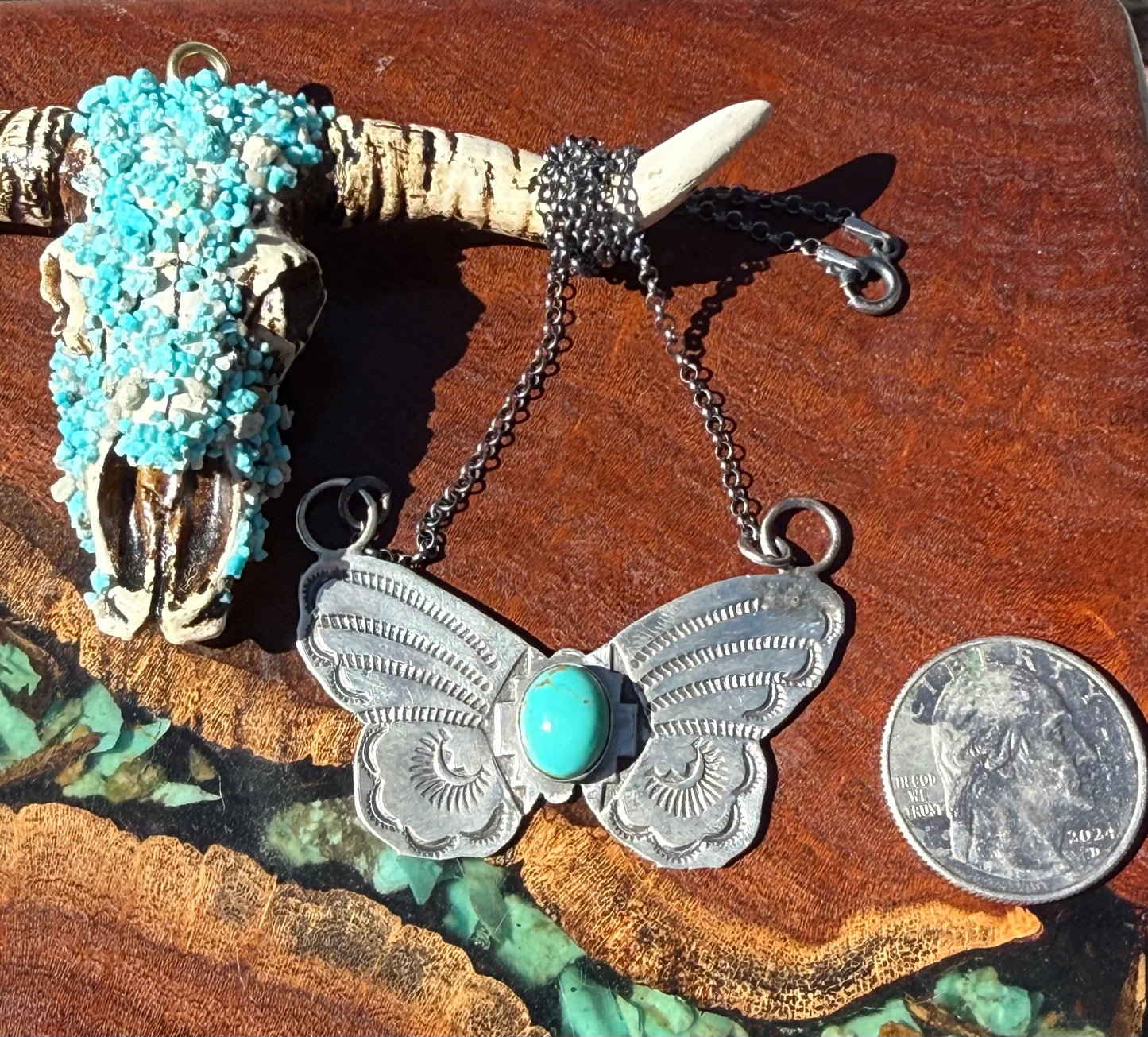 Navajo Handmade Kingman Butterfly Pendant Necklace