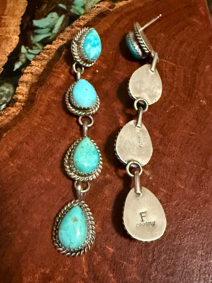 Navajo Handmade 4 Stone Kingman Turquoise Teardrop Post Dangle Earrings