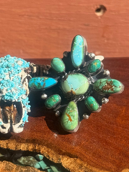 Navajo Handmade Sonoran Turquoise Cluster Adjustable Ring