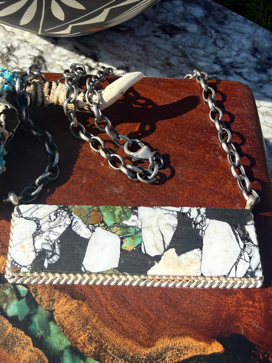Navajo Handmade Kingman Turquoise White Buffalo Compressed Extra Large Bar Necklace