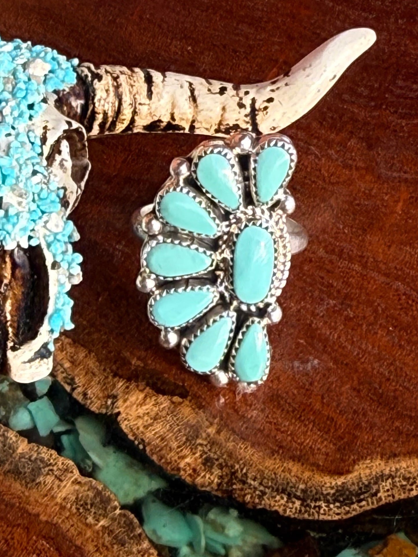 Navajo Handmade Adjustable Kingman Turquoise Half Cluster Ring