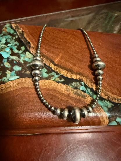 Varied 3mm -14mm Saucer Sterling Silver Bead 18” Necklace