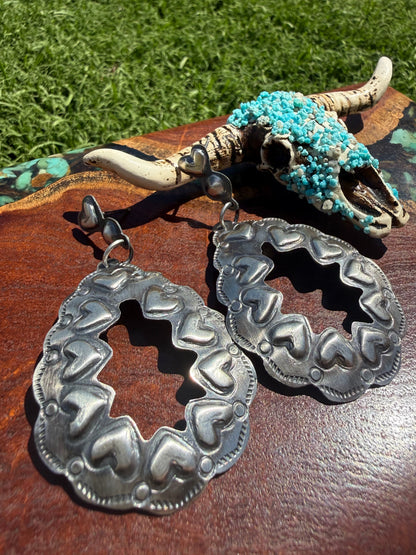 Navajo Handmade Sterling Silver Teardrop Heart Bump up Chandelier Earrings