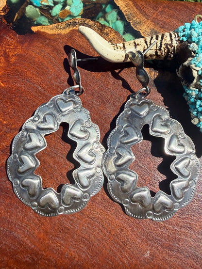 Navajo Handmade Sterling Silver Teardrop Heart Bump up Chandelier Earrings