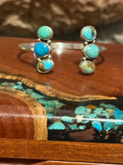 Navajo Handmade Kingman Turquoise 3-Stone Cluster Bracelet Set in Sterling Silver- Made by Geraldine James￼