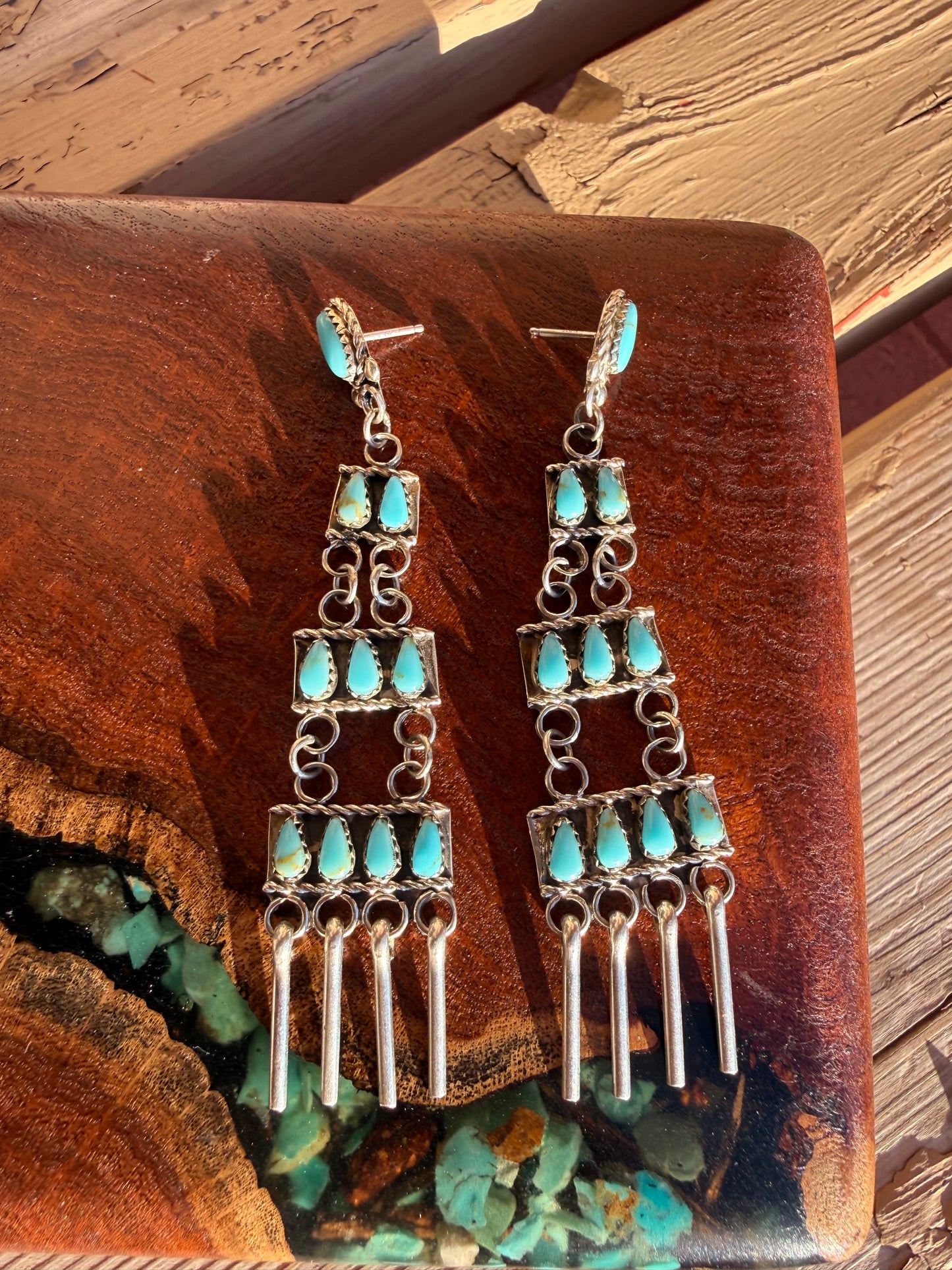 Zuni Handmade Chandelier Three Tier Kingman Turquoise Earrings ￼