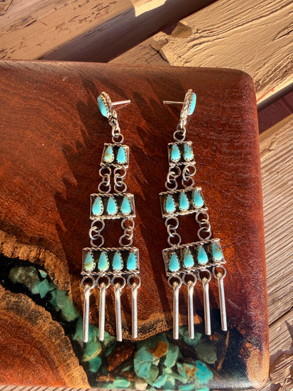 Zuni Handmade Chandelier Three Tier Kingman Turquoise Earrings ￼