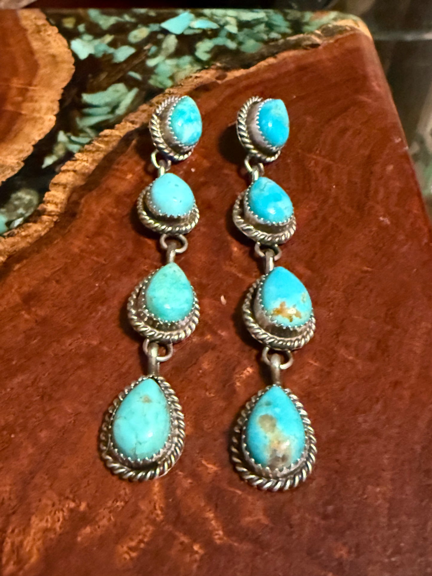 Navajo Handmade 4 Stone Kingman Turquoise Teardrop Post Dangle Earrings