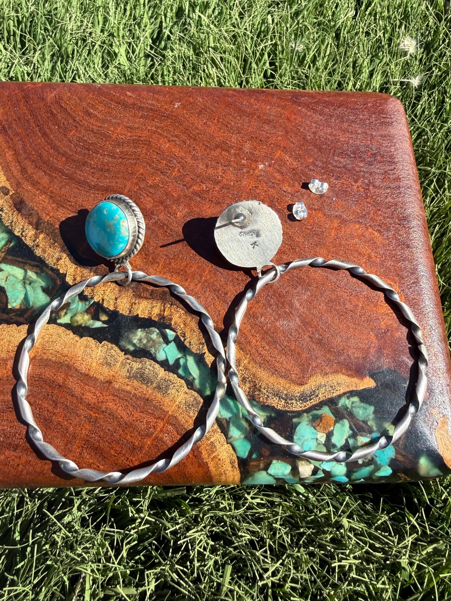 Navajo Handmade Kingman Turquoise Stud Hoops