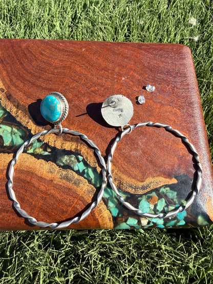 Navajo Handmade Kingman Turquoise Stud Hoops