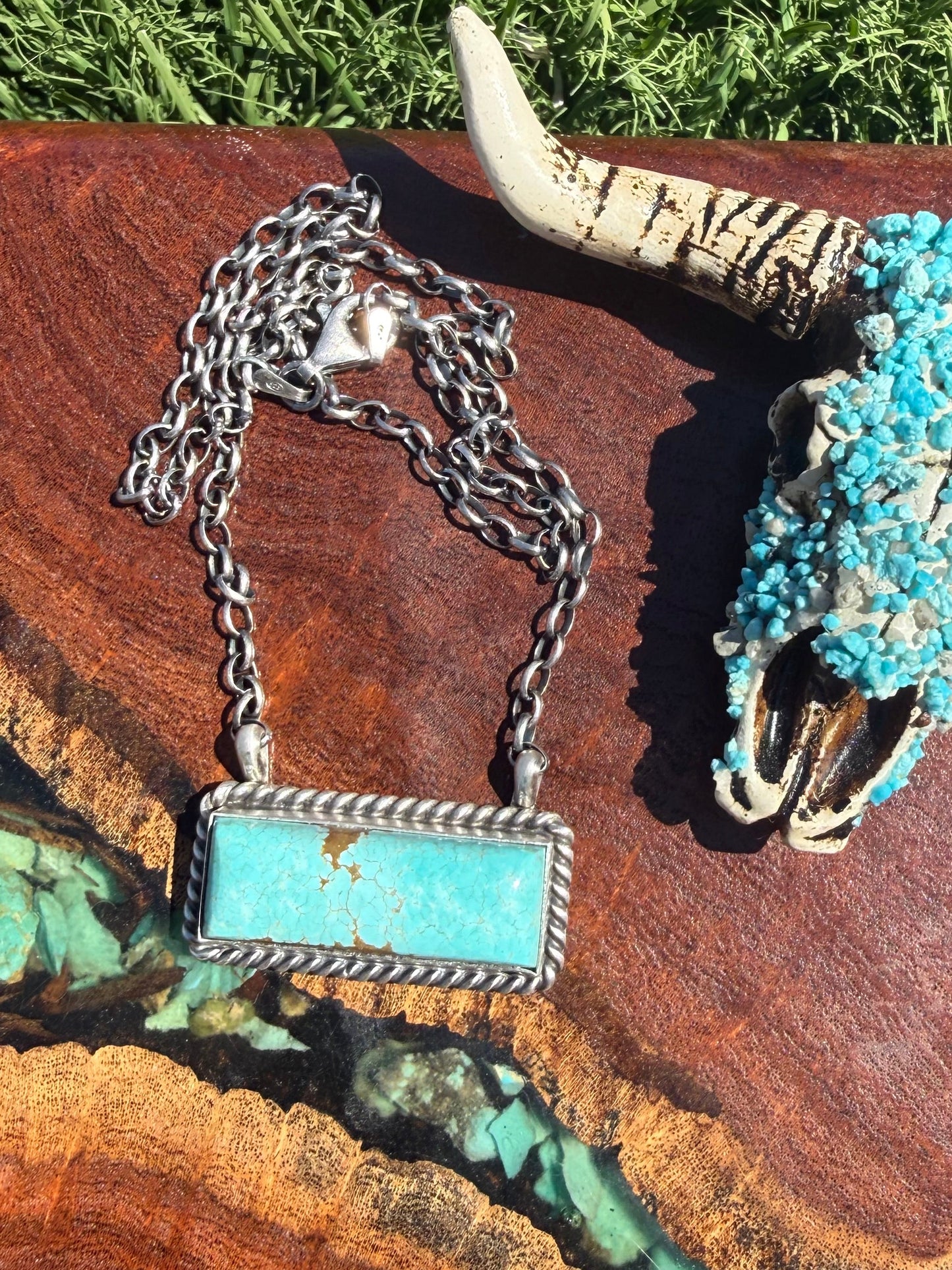 Navajo Handmade Kingman Turquoise Large Bar Necklace on 16” Chain