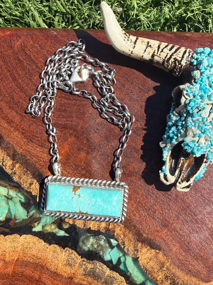 Navajo Handmade Kingman Turquoise Large Bar Necklace on 16” Chain