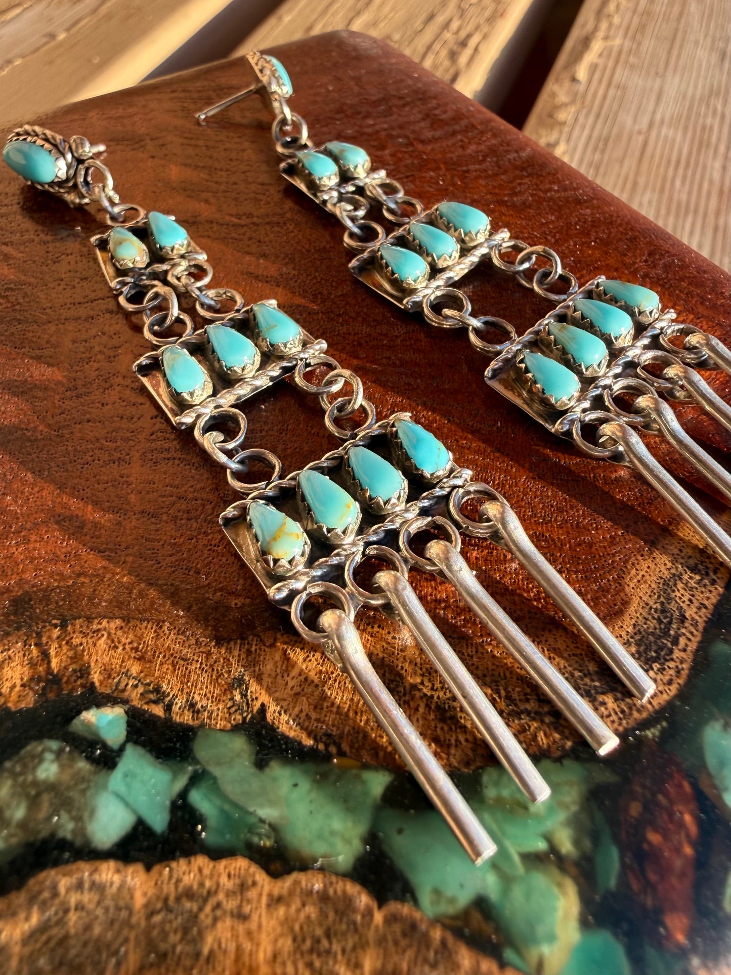 Zuni Handmade Chandelier Three Tier Kingman Turquoise Earrings ￼