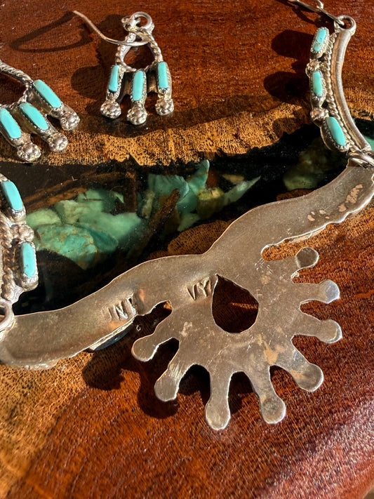 Handmade Zuni Kingman Needle Point Necklace with Earrings