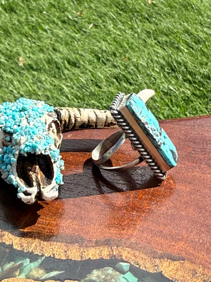 Navajo Hamdmade Blackjack Turquoise Adjustable Large Bar Ring