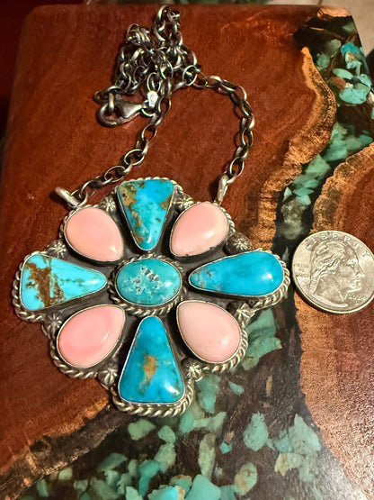 BIG Navajo Handmade Kingman Turquoise and Pink Conch Cluster Pendant Necklace