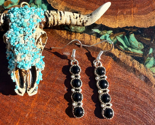 Navajo Handmade Four Stone Onyx Dangle Earrings