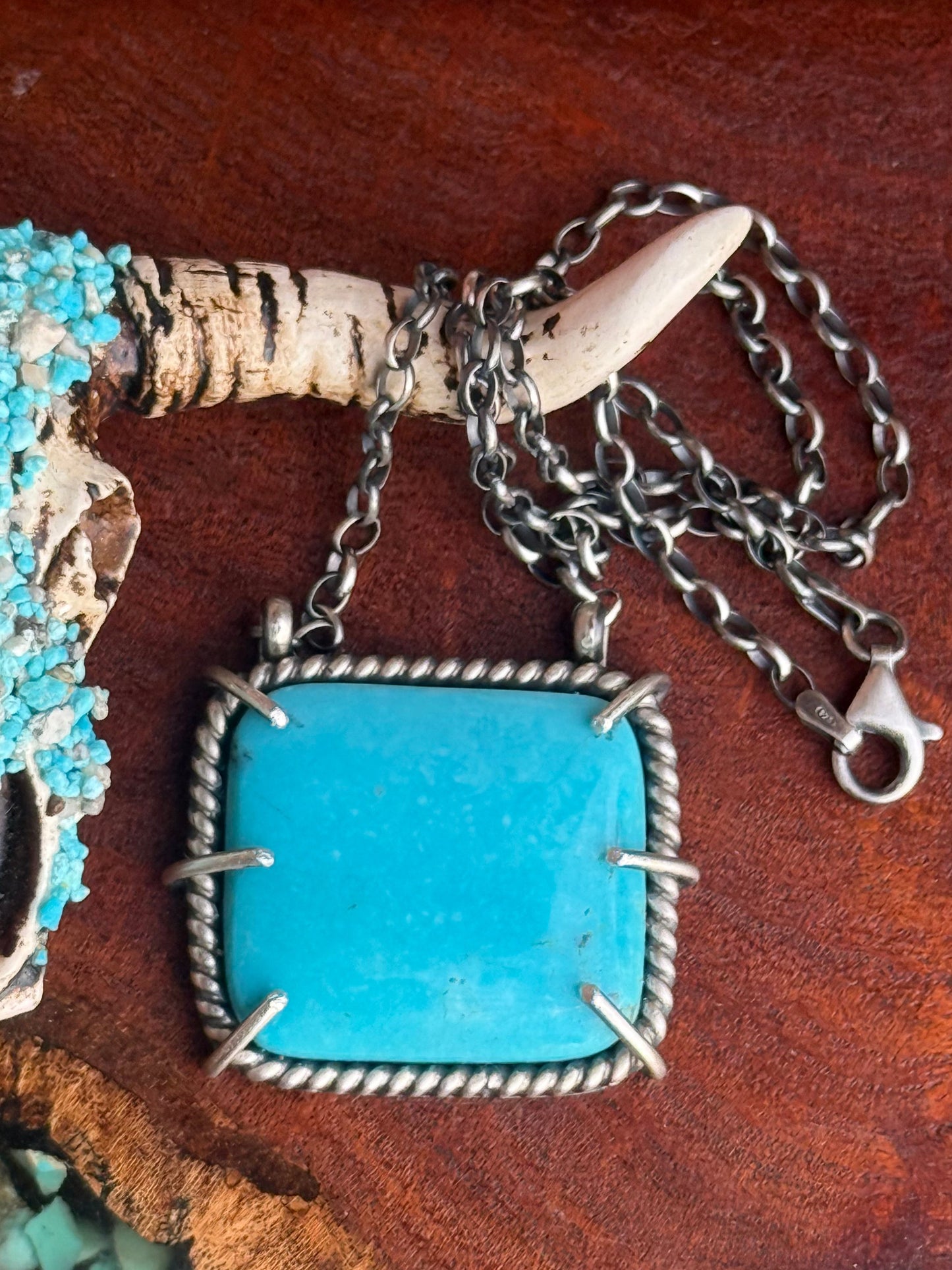 Navajo Handmade Kingman Turquoise Waterproof Square Necklace