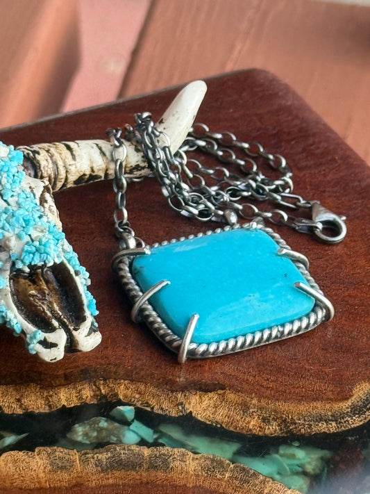 Navajo Handmade Kingman Turquoise Waterproof Square Necklace