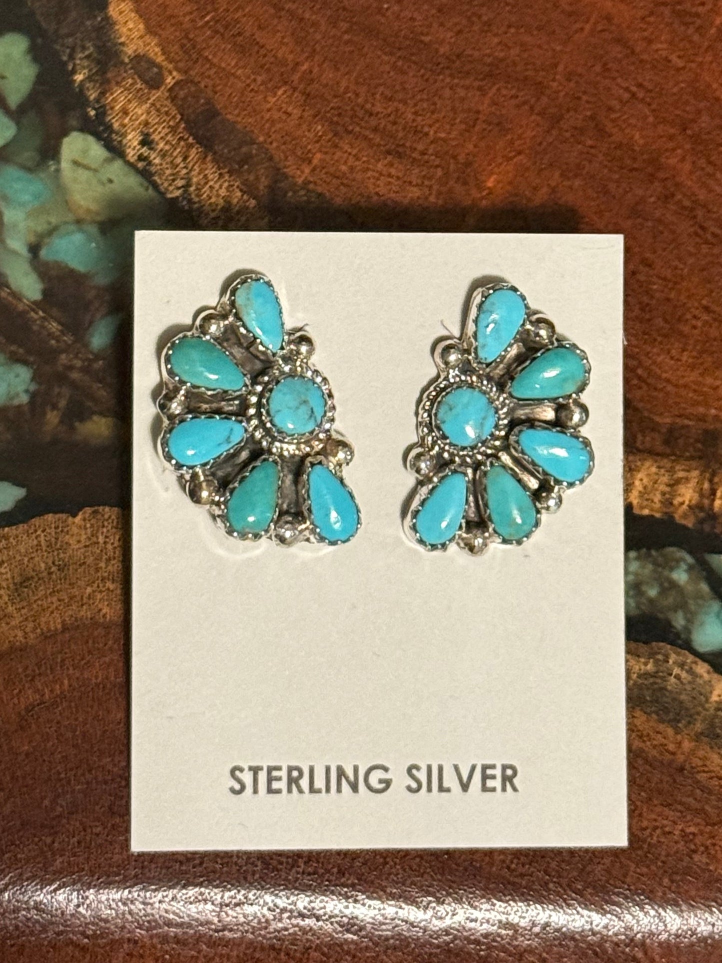 Zuni Handmade Kingman Turquoise Half Cluster Earrings Made by Alicia Wilson
