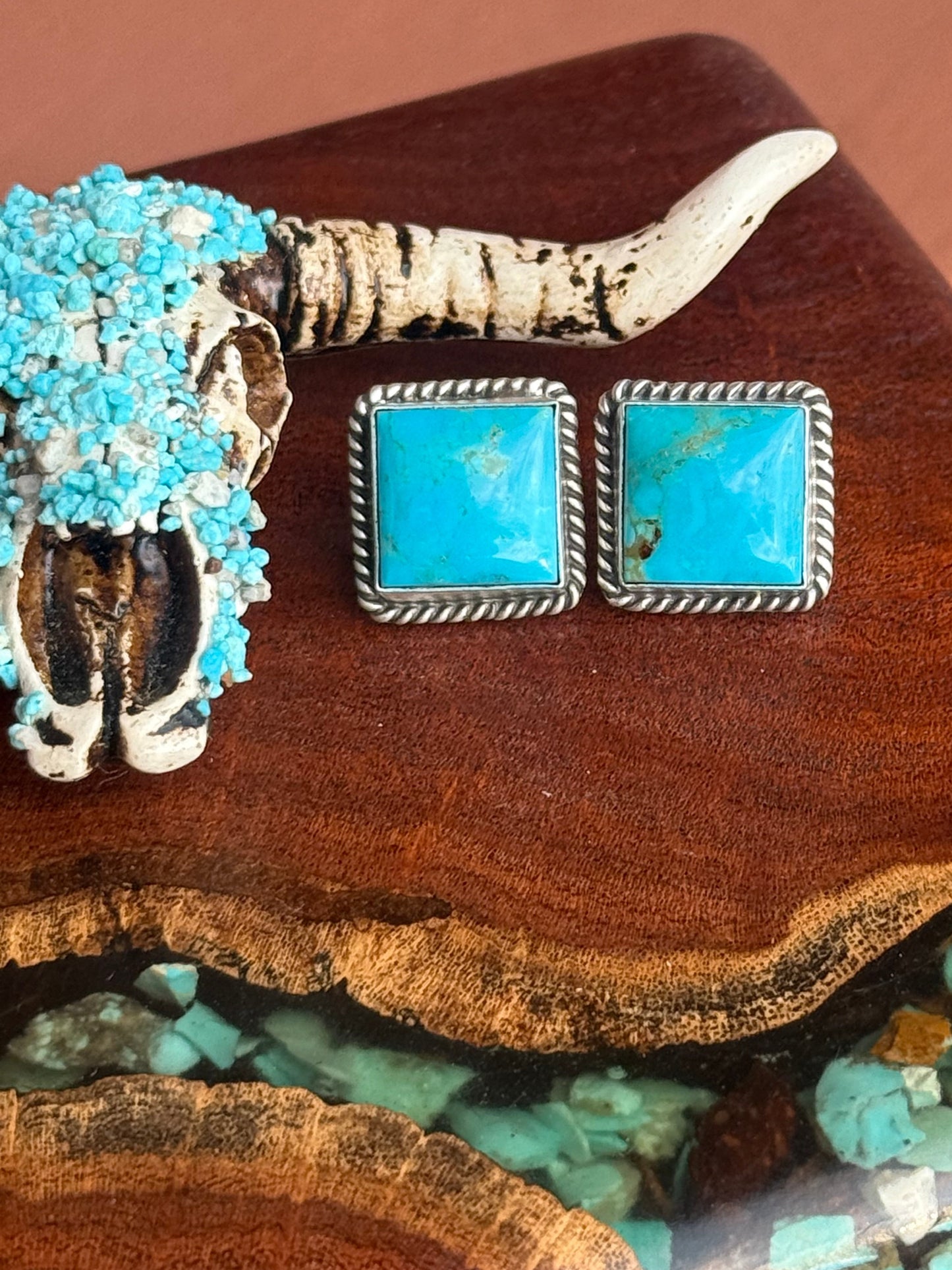 Navajo Handmade Kingman Turquoise Stud Square Earrings