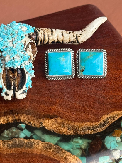 Navajo Handmade Kingman Turquoise Stud Square Earrings