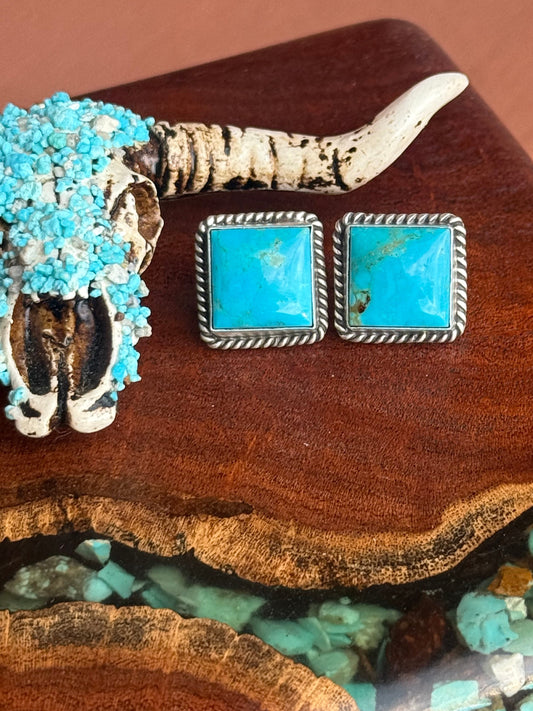 Navajo Handmade Kingman Turquoise Stud Square Earrings