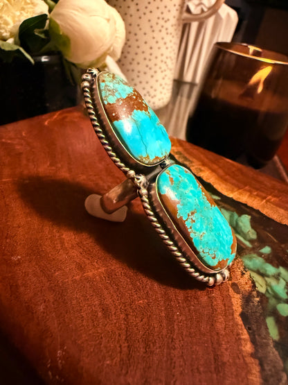 Navajo Handmade Two Stone Mine 8 Adjustable Ring Set In Sterling Silver