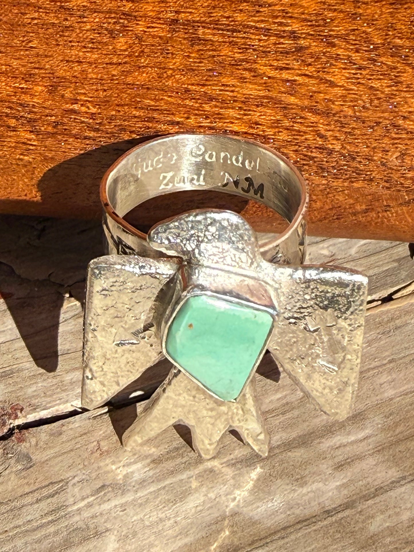 Zuni Handmade Adjustable Kingman Turquoise Thunderbird Ring