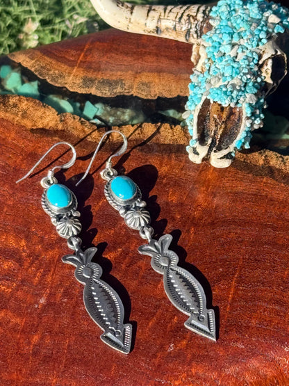 Navajo Handmade Kingman Turquoise Dangle Arrow Earrings