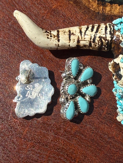 Navajo Handmade Kingman Turquoise Half Cluster Earrings Made by Alicia Wilson