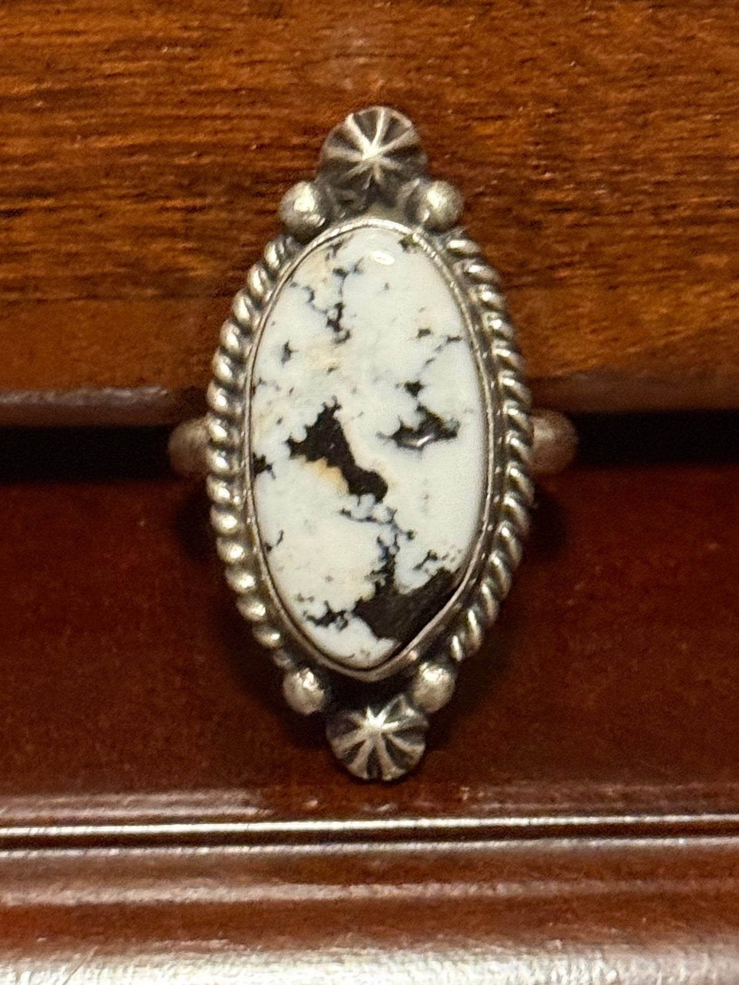 Navajo Handmade White Buffalo Adjustable Ring Set In Sterling Silver