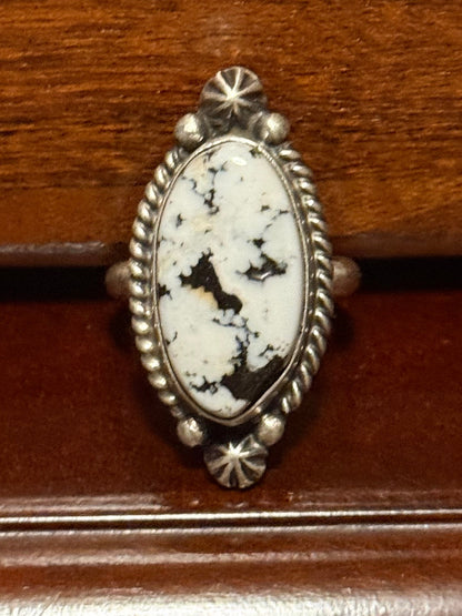 Navajo Handmade White Buffalo Adjustable Ring Set In Sterling Silver