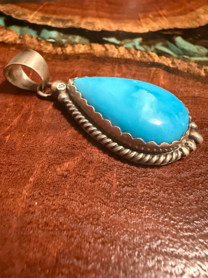 Navajo Handmade Kingman Turquoise Pendant Set in Sterling Silver
