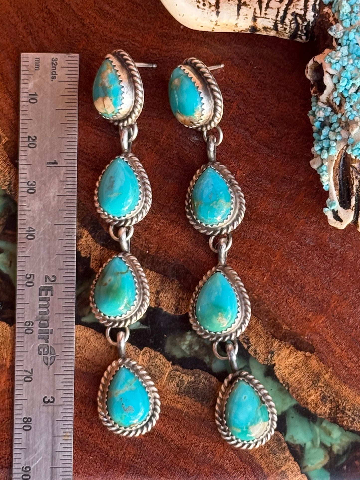 Navajo Handmade 4 Stone Kingman Turquoise Teardrop Post Dangle Earrings