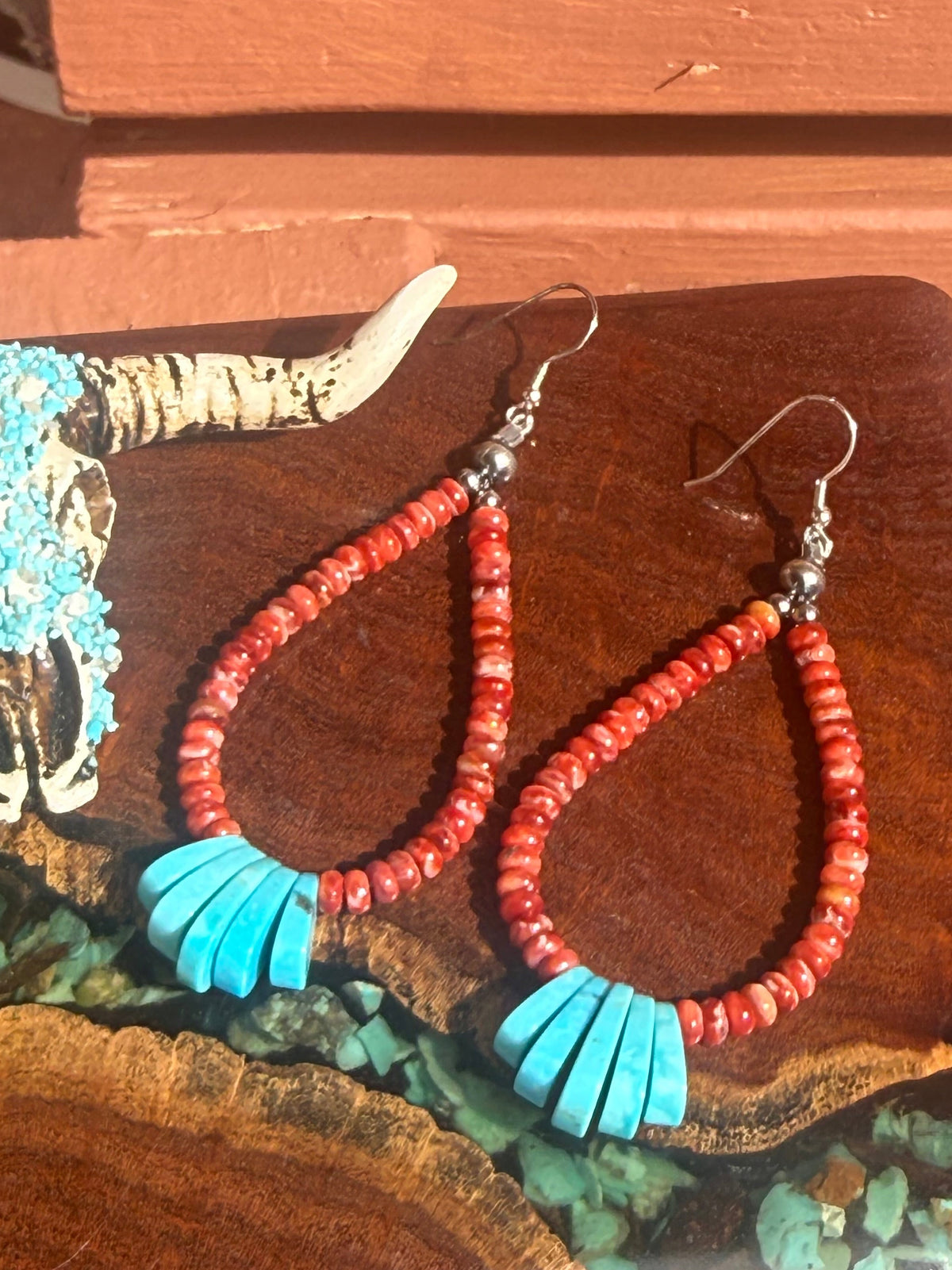 Hand Strung Kingman Turquoise and Spiny Oyster Teardrop  Dangle Earrings