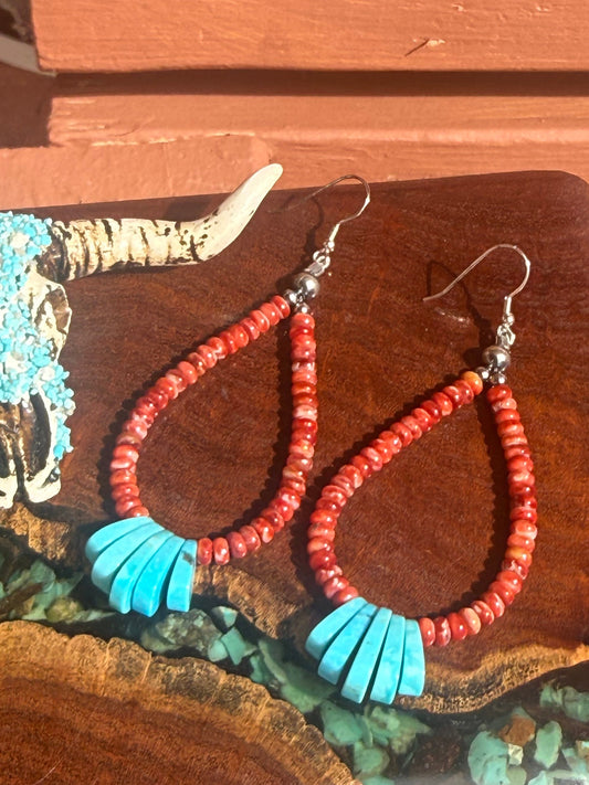 Hand Strung Kingman Turquoise and Spiny Oyster Teardrop  Dangle Earrings