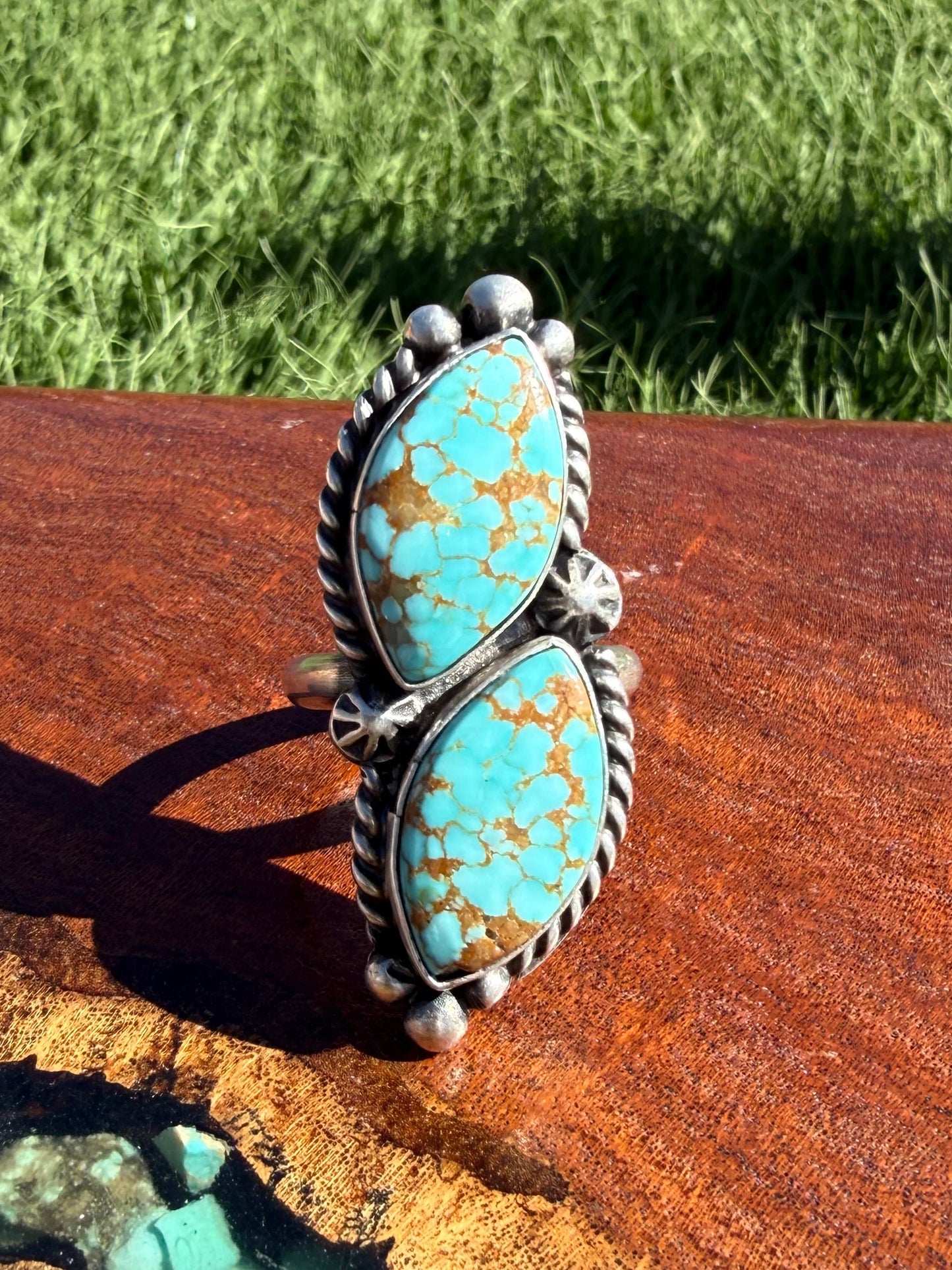 Navajo Handmade Mine 8 two-stone Adjustable Ring Set in Sterling Silver