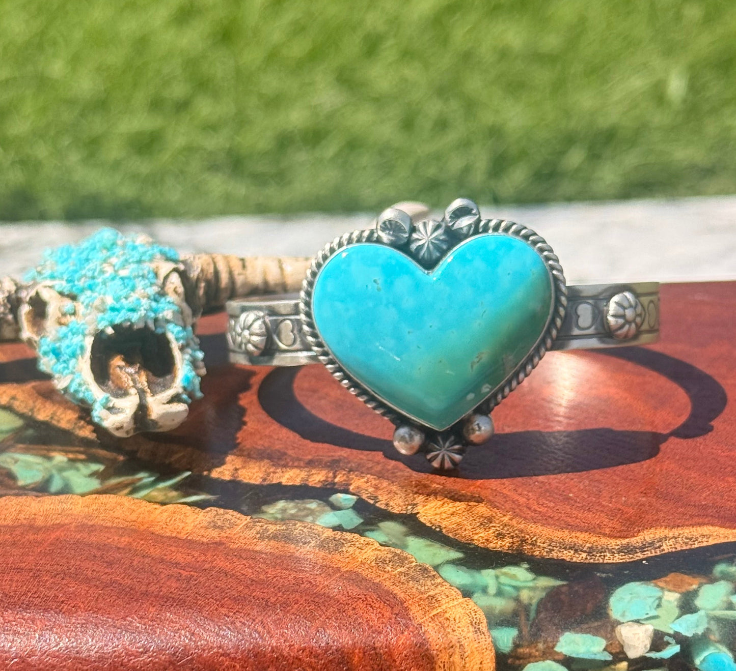 Navajo Handmade Kingman Turquoise Heart Cuff Bracelet