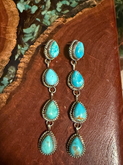 Navajo Handmade 4 Stone Kingman Turquoise Teardrop Post Dangle Earrings