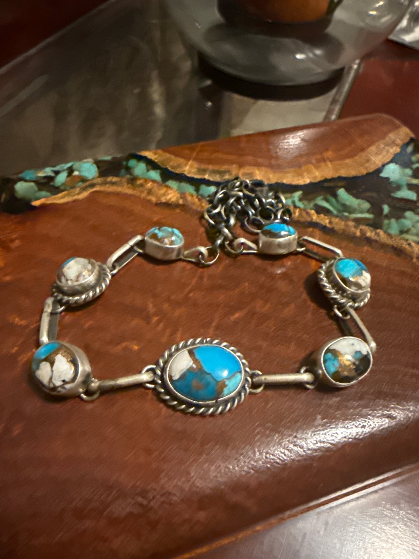 Navajo Handmade Kingman Krush 16” Choker Necklace Set in Sterling Silver-made by Augustine Largo