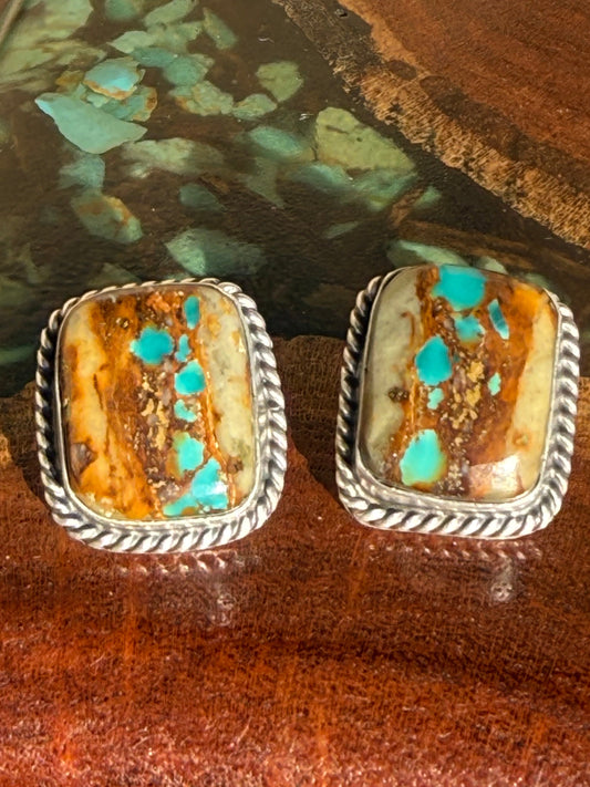 Navajo Handmade Royston Ribbon Stud Earrings Set In Sterling Silver